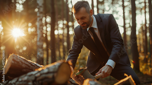 business man in suit cutting wood in forest