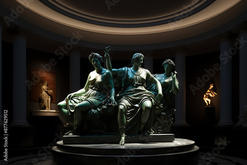 Three bronze statues of women in a dark museum with white columns, a dramatic lighting effect, and a sense of mystery and history. 