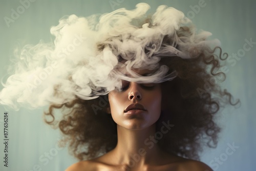 Artistic shot of a serene woman with a cloud of smoke enveloping her head like a crown