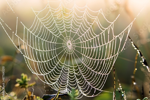 A close-up of a dewy spider web in the early morning light