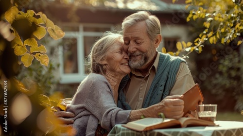 An elderly couple embracing