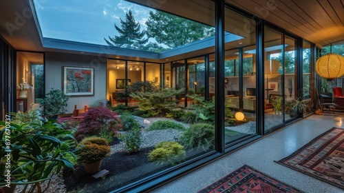 Mid-century modern suburban home with a landscaped atrium visible through glass walls from the interior