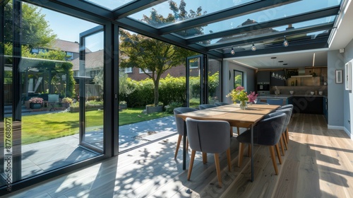 Contemporary suburban home with a glass-enclosed conservatory that serves as a dining room and connects to the garden