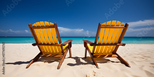 Two yellow beach chairs on a white sand beach, perfect for relaxing and enjoying the summer sun. 