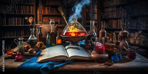 Mystical potion brewing with red and blue liquids in a dark, old library setting for fantasy, magic, and Halloween. 