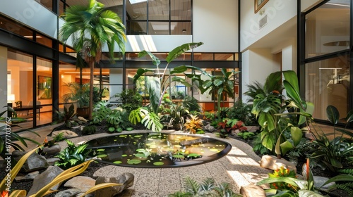 Mid-century modern suburban home with a central atrium that includes a small pond and a variety of tropical plants