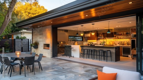 Mid-century modern suburban kitchen with a retractable wall that opens to an outdoor bar, seamlessly integrating indoor and outdoor entertaining spaces