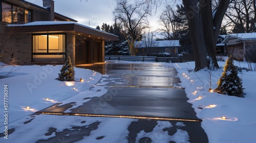 Mid-century modern suburban driveway with heated concrete for snow melting and embedded LED lighting for guidance at night