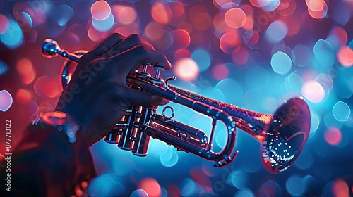 An image showcasing a hand holding a solo trumpet against a background of dazzling, multi-colored light effects, evoking the beauty and power of musical performance.