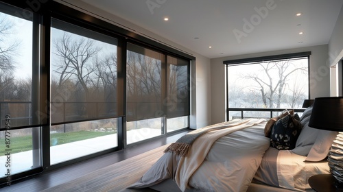 Suburban contemporary master bedroom with floor-to-ceiling windows and automated blackout blinds for privacy