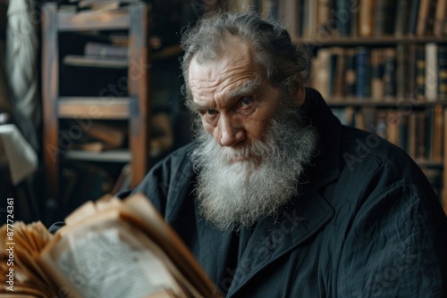 Literary giant - Lev Nikolayevich Tolstoy, intense gaze and thoughtful demeanour, profound wisdom, intellectual depth of one of russia's greatest novelists, philosophers, reflecting enduring legacy.