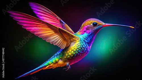 Vibrant hummingbird flying in neon colors against a dark background, bright, vivid, neon, hummingbird, flying, motion