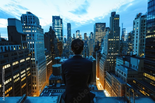 a man standing on a ledge looking at a city, bustling financial district during the morning rush