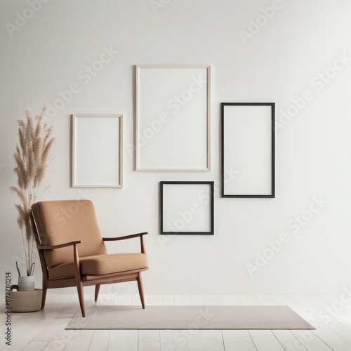 Several modern blank picture frame mockups on a white wall. Minimal room