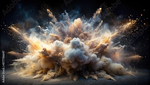 Ethereal explosion of abstract dust and debris, with soft, cloudy tendrils unfurling from a central epicenter, set against a transparent background.