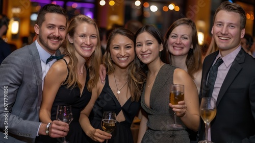 Team celebrating at a fancy gala, dressed elegantly and enjoying the evening