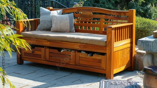 wooden Craftsman-style outdoor bench with storage underneath, ideal for stowing garden tools or outdoor cushions