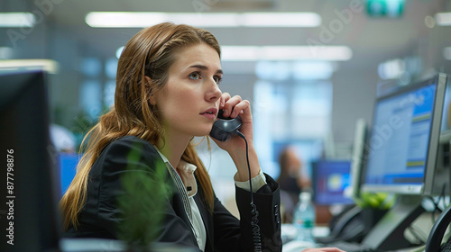 A businesswoman making a phone call to a client in a busy office. businesswoman making