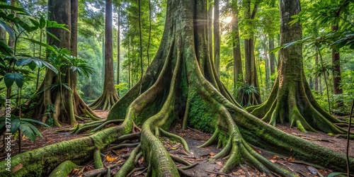 Forest interior, Venezuela. Tree trunks carry nutrients between the forest floor and the canopy. View of tropical jungle with tallest tree and buttressed roots in the Henri Pittier National Park