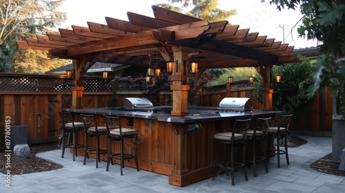 handcrafted wooden Craftsman-style outdoor bar and grill station, equipped with modern appliances and rustic charm, perfect for hosting and entertaining