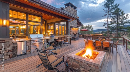 ranch home with a large deck featuring an outdoor kitchen and a fire pit for entertaining