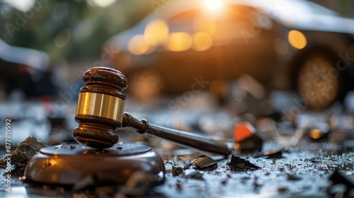 Close-up of a gavel on shattered glass with a blurred car in the background, symbolizing legal issues in accidents.