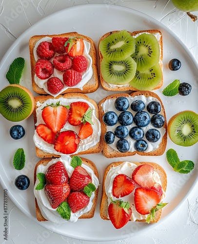 Scrumptious openfaced sandwiches with fresh berries and kiwi slices