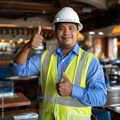 Trabajador de construcción con casco blanco y chaleco de seguridad en restaurante