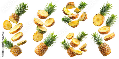 Pineapple slices flying isolated on transparent background PNG file