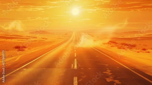 A highway with a dashed white line down the center, stretching into the horizon through a desert landscape under a blazing hot sun. The road is flanked by sand dunes and sparse desert vegetation, with