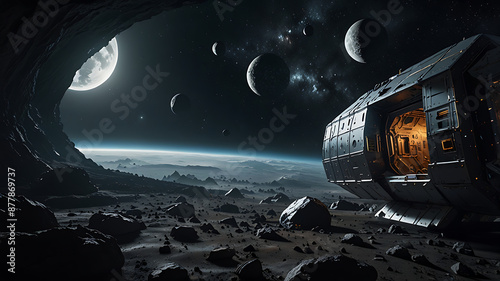 An image imagining sustainable practices in space exploration, such as space habitats with self-sustaining ecosystems or using asteroid mining for resources.