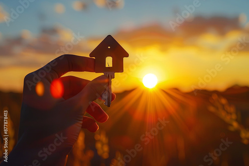 Hand holding a key shaped like a house against a golden sunset, symbolizing a new home or real estate success