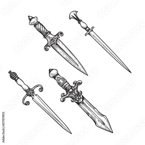 Vintage daggers set. Hand drawn sketch style medieval weapon collection. Best for tatoo and retro historical designs. Vector illustration isolated on white.