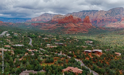 Buttes, desert forest and the town of Sedona, Arizona, United States of America.