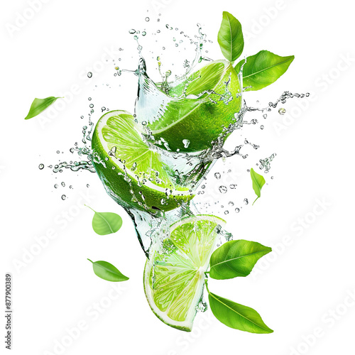 Fresh limes splashing with leaves, cut out