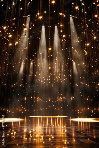 A dark stage with bright spotlights and lights, ideal for concerts or performances