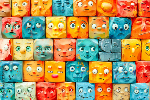 Colorful wall showing many different human emotions through facial expressions