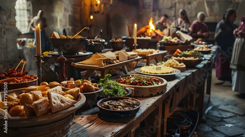 A medieval feast with traditional foods and a lively atmosphere captures the era's essence in history and festivity.