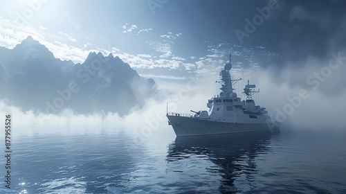 Naval vessel conducting surveillance in the ocean.