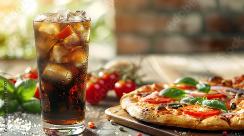 Glass of coke and pizza on the table on beautiful background