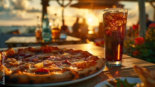 Glass of coke and pizza on the table on beautiful background