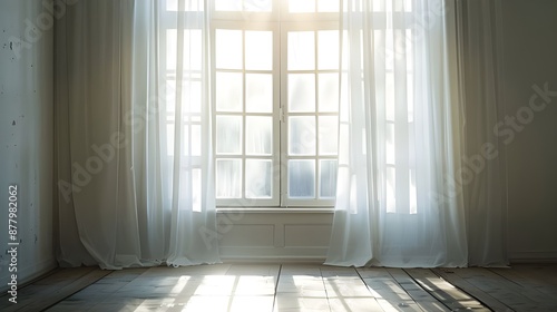 A backlit window in a vacant room with white curtains