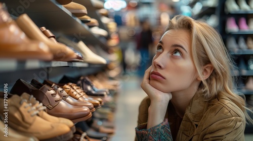 Woman Pondering Shoe Purchase, Woman contemplating buying shoes in a store