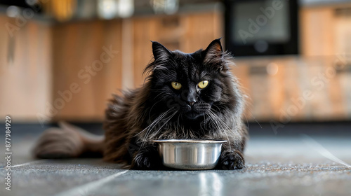 un chat noir à poils long attend à manger devant sa gamelle vide sur le sol de la cuisine