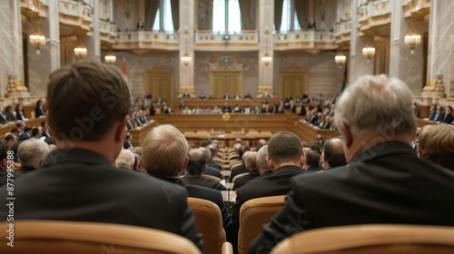 Officials attending a parliamentary session in a grand hall, focusing on important political discussions and decision-making processes.