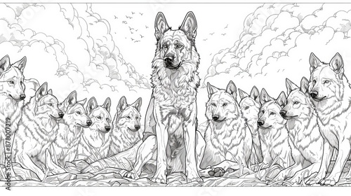 coloring book A brave wolf stands guard over her cubs. Her eyes are full of love and determination. She is ready to protect them from any danger.