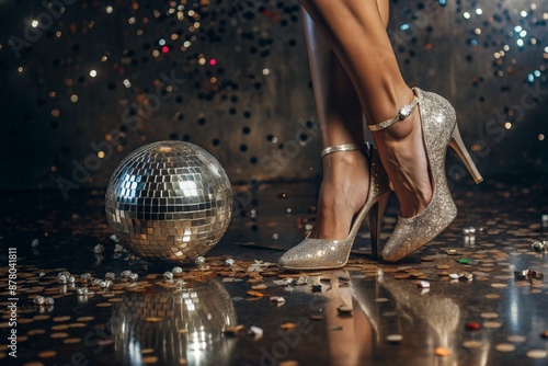 Women's legs in luxurious shiny pumps with heels at a party or disco on the background of a silver mirrored disco ball. The queen of the dance floor.