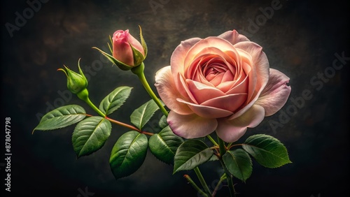 Create a mesmerizing, hyper-realistic image of a delicate rose with rosebuds on a dark, velvety background, soft pink tones, romantic vintage filter.