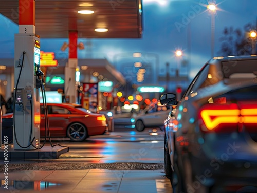 A busy gas station with multiple vehicles refueling, while people bustle about in the background. The scene is lit with bright sunlight on a bustling day.