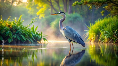 Serene morning scene of a majestic great heron standing alone in a tranquil pond surrounded by lush green vegetation.